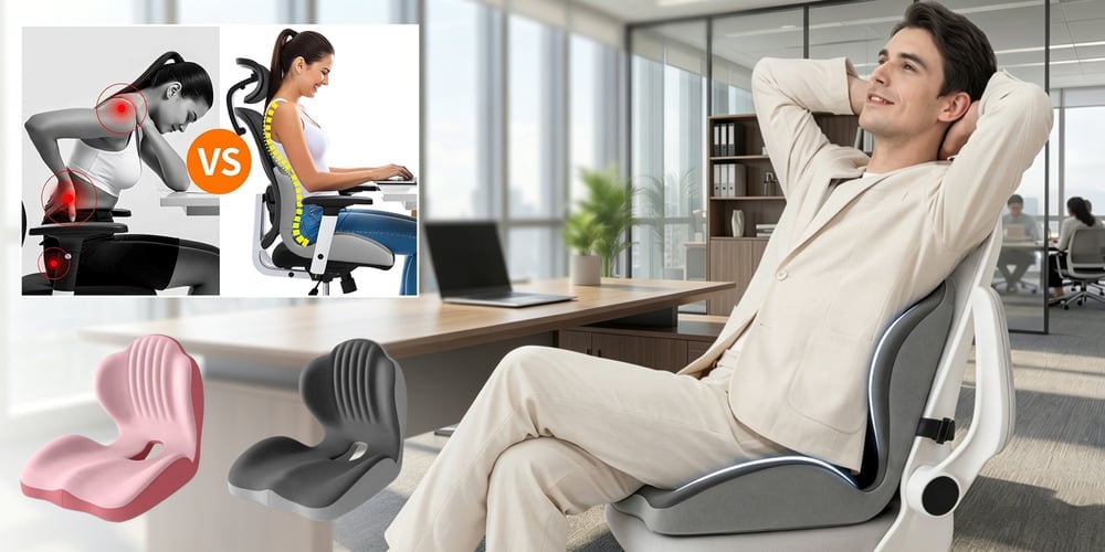 Ergonomic Memory Foam Seat Cushion with Lumbar Support – Pressure Relief, Height Boost, Universal Fit